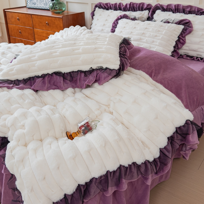 91家纺网 家纺一手货源 找家纺 睡美人 2025韩版兔绒提花牛奶绒床裙床单床笠款四件套 兔绒提花-薰衣紫