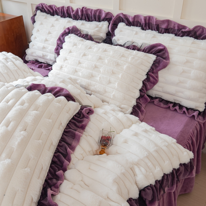 91家纺网 家纺一手货源 找家纺 睡美人 2025韩版兔绒提花牛奶绒床裙床单床笠款四件套 兔绒提花-薰衣紫