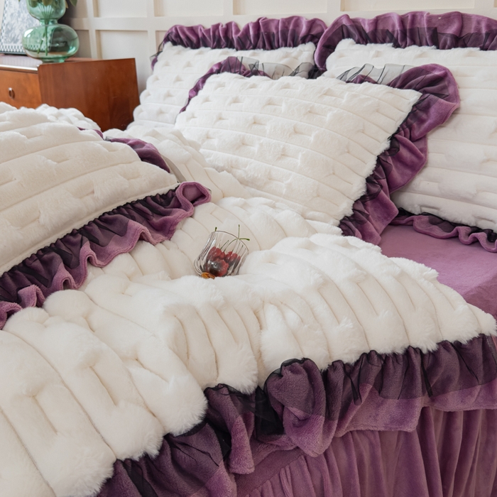 91家纺网 家纺一手货源 找家纺 睡美人 2025韩版兔绒提花牛奶绒床裙床单床笠款四件套 兔绒提花-薰衣紫