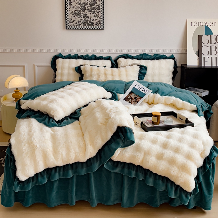 91家纺网 家纺一手货源 找家纺 睡美人 2025韩版兔兔绒牛奶绒床裙床单床笠款公主蕾丝四件套 兔兔绒-星空蓝