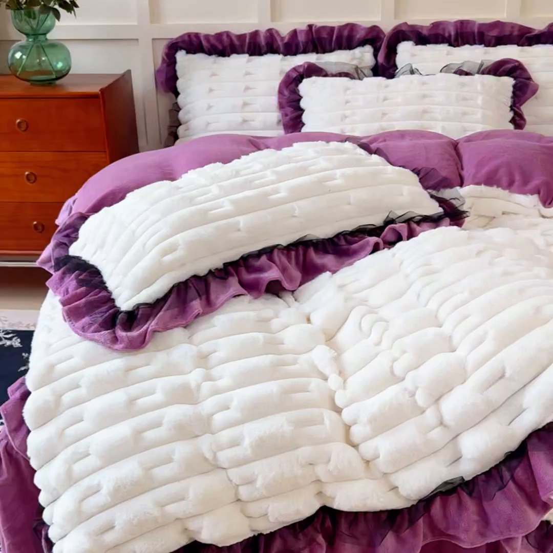 91家纺网 家纺一手货源 找家纺 睡美人 2025韩版兔绒提花牛奶绒床裙床单床笠款四件套 兔绒提花-薰衣紫