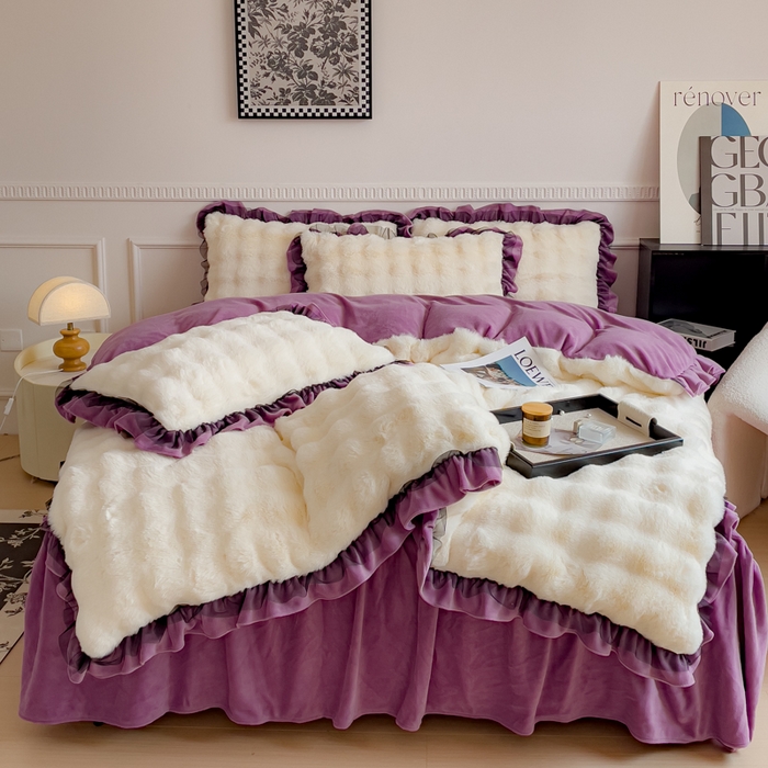 91家纺网 家纺一手货源 找家纺 睡美人 2025韩版兔兔绒牛奶绒床裙床单床笠款公主蕾丝四件套 兔兔绒-薰衣紫