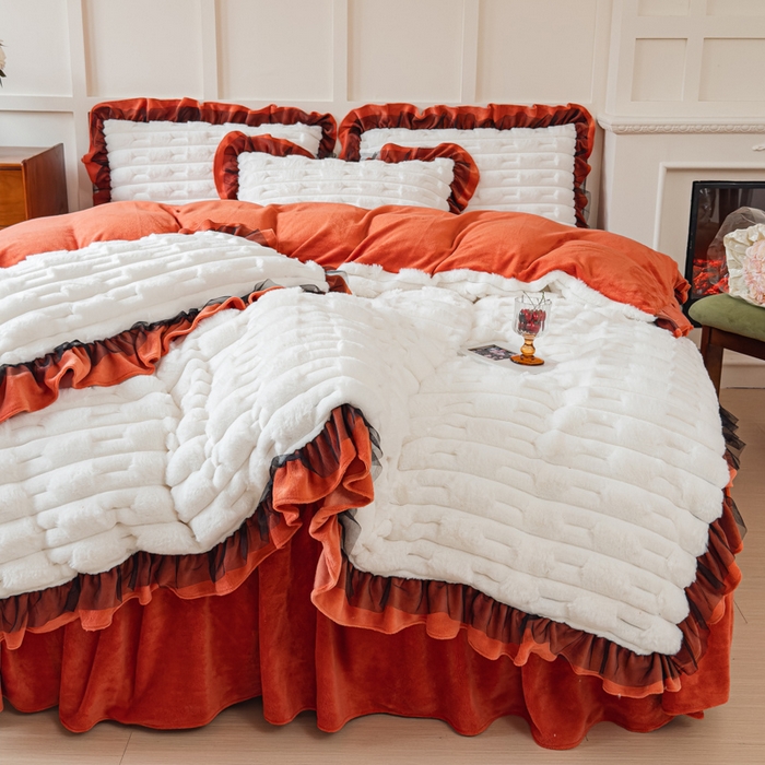 91家纺网 家纺一手货源 找家纺 睡美人 2025韩版兔绒提花牛奶绒床裙床单床笠款四件套 兔绒提花-阳光橙