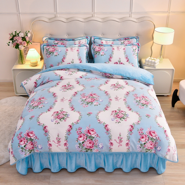 91家纺网 家纺一手货源 找家纺 绒宴 2025新款8.5斤牛奶绒金貂法莱绒床裙款保暖四件套 约定