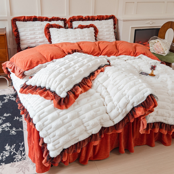 91家纺网 家纺一手货源 找家纺 睡美人 2025韩版兔绒提花牛奶绒床裙床单床笠款四件套 兔绒提花-阳光橙