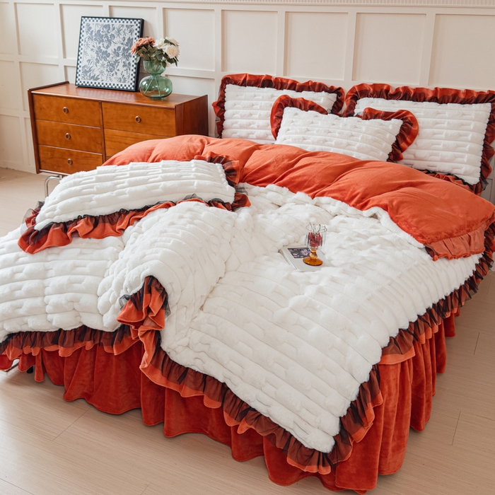 睡美人 2025韩版兔绒提花牛奶绒床裙床单床笠款四件套 兔绒提花-阳光橙