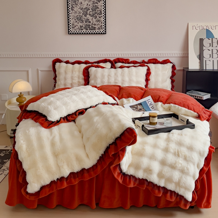 91家纺网 家纺一手货源 找家纺 睡美人 2025韩版兔兔绒牛奶绒床裙床单床笠款公主蕾丝四件套 兔兔绒-阳光橙