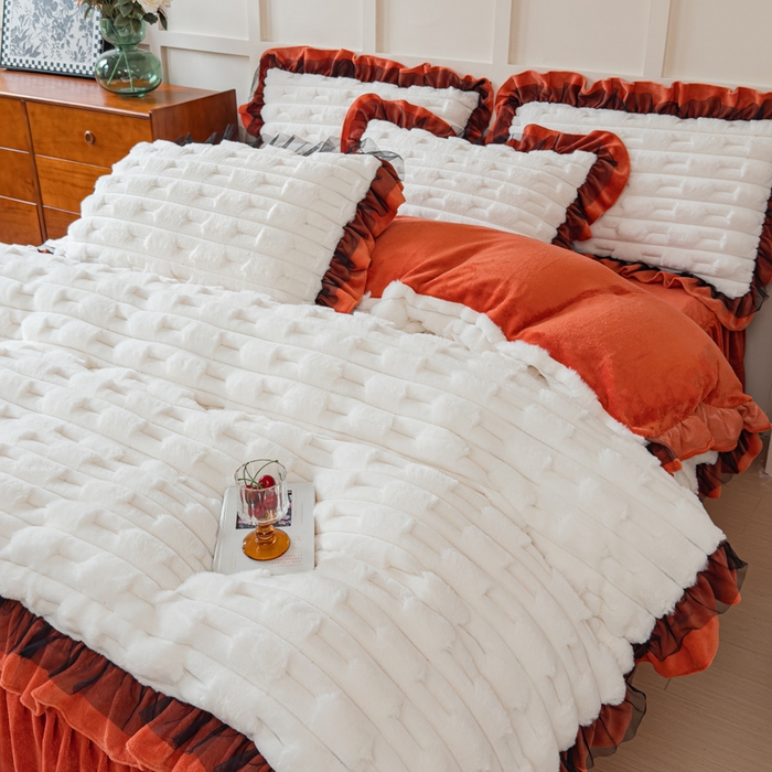 91家纺网 家纺一手货源 找家纺 睡美人 2025韩版兔绒提花牛奶绒床裙床单床笠款四件套 兔绒提花-阳光橙