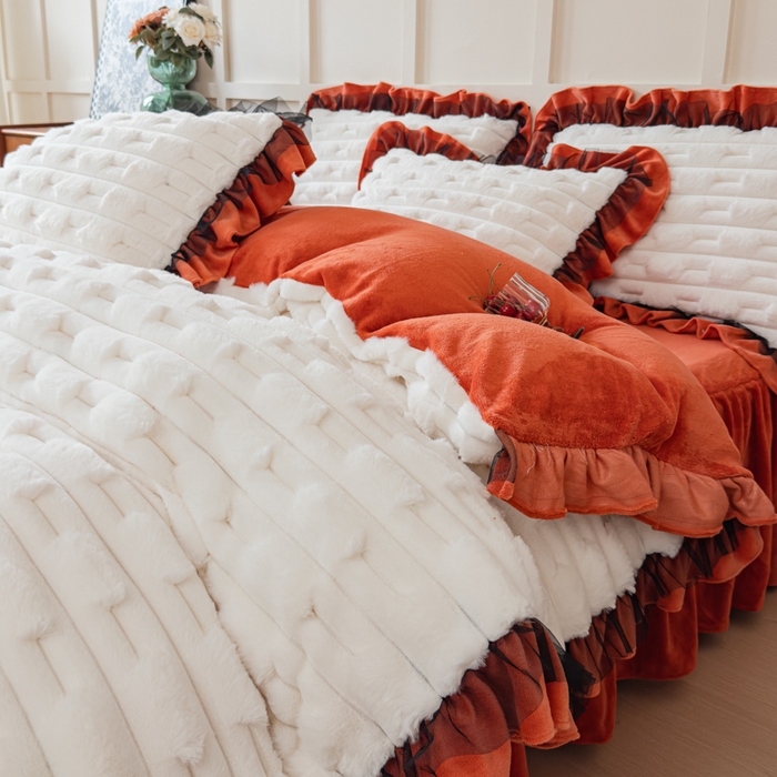 91家纺网 家纺一手货源 找家纺 睡美人 2025韩版兔绒提花牛奶绒床裙床单床笠款四件套 兔绒提花-阳光橙