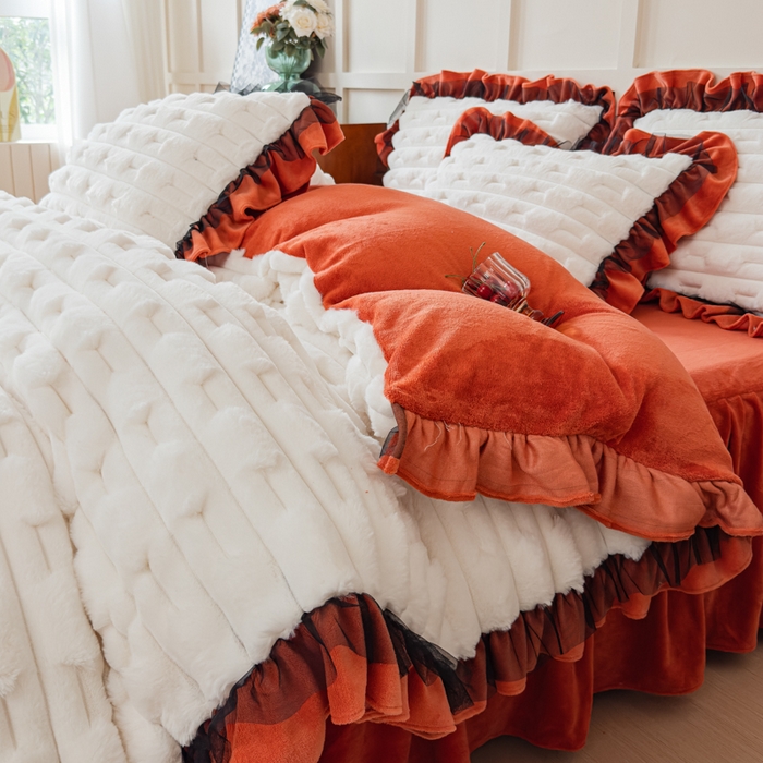 91家纺网 家纺一手货源 找家纺 睡美人 2025韩版兔绒提花牛奶绒床裙床单床笠款四件套 兔绒提花-阳光橙