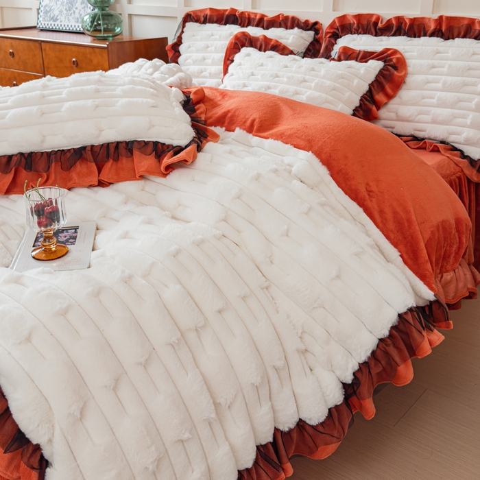 91家纺网 家纺一手货源 找家纺 睡美人 2025韩版兔绒提花牛奶绒床裙床单床笠款四件套 兔绒提花-阳光橙