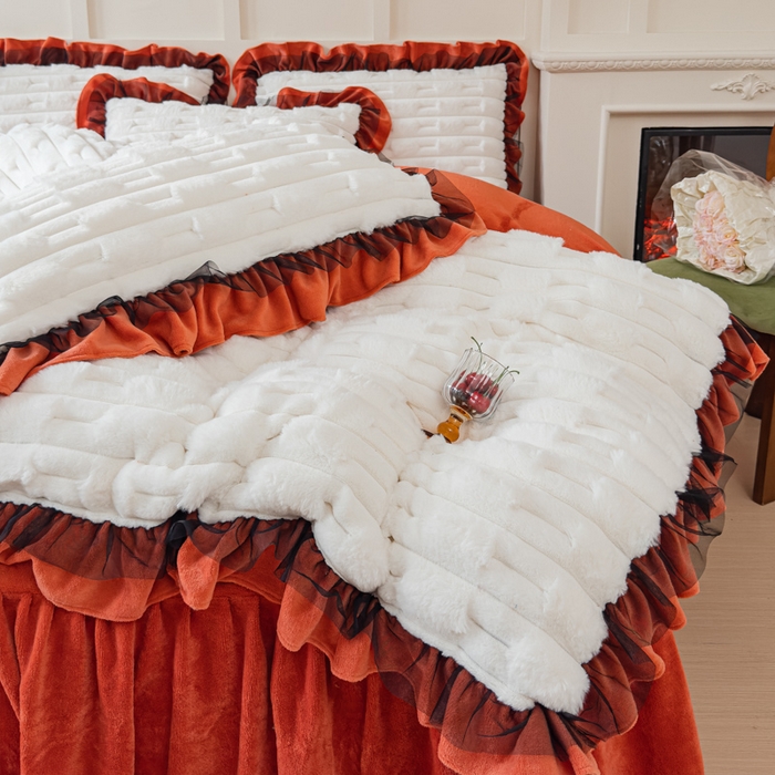 91家纺网 家纺一手货源 找家纺 睡美人 2025韩版兔绒提花牛奶绒床裙床单床笠款四件套 兔绒提花-阳光橙