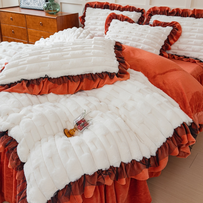 91家纺网 家纺一手货源 找家纺 睡美人 2025韩版兔绒提花牛奶绒床裙床单床笠款四件套 兔绒提花-阳光橙