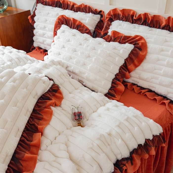 91家纺网 家纺一手货源 找家纺 睡美人 2025韩版兔绒提花牛奶绒床裙床单床笠款四件套 兔绒提花-阳光橙