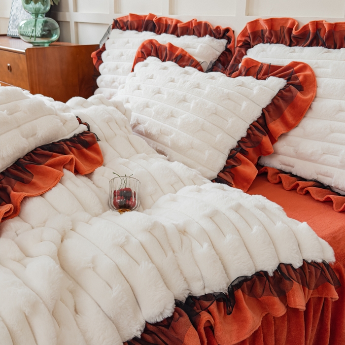 91家纺网 家纺一手货源 找家纺 睡美人 2025韩版兔绒提花牛奶绒床裙床单床笠款四件套 兔绒提花-阳光橙