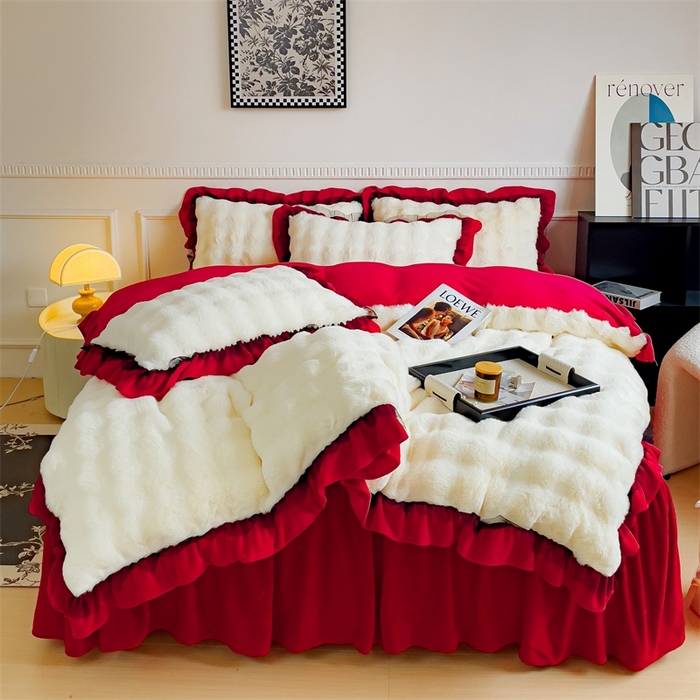 91家纺网 家纺一手货源 找家纺 （总）睡美人 2025韩版兔兔绒牛奶绒床裙床单床笠款公主蕾丝四件套