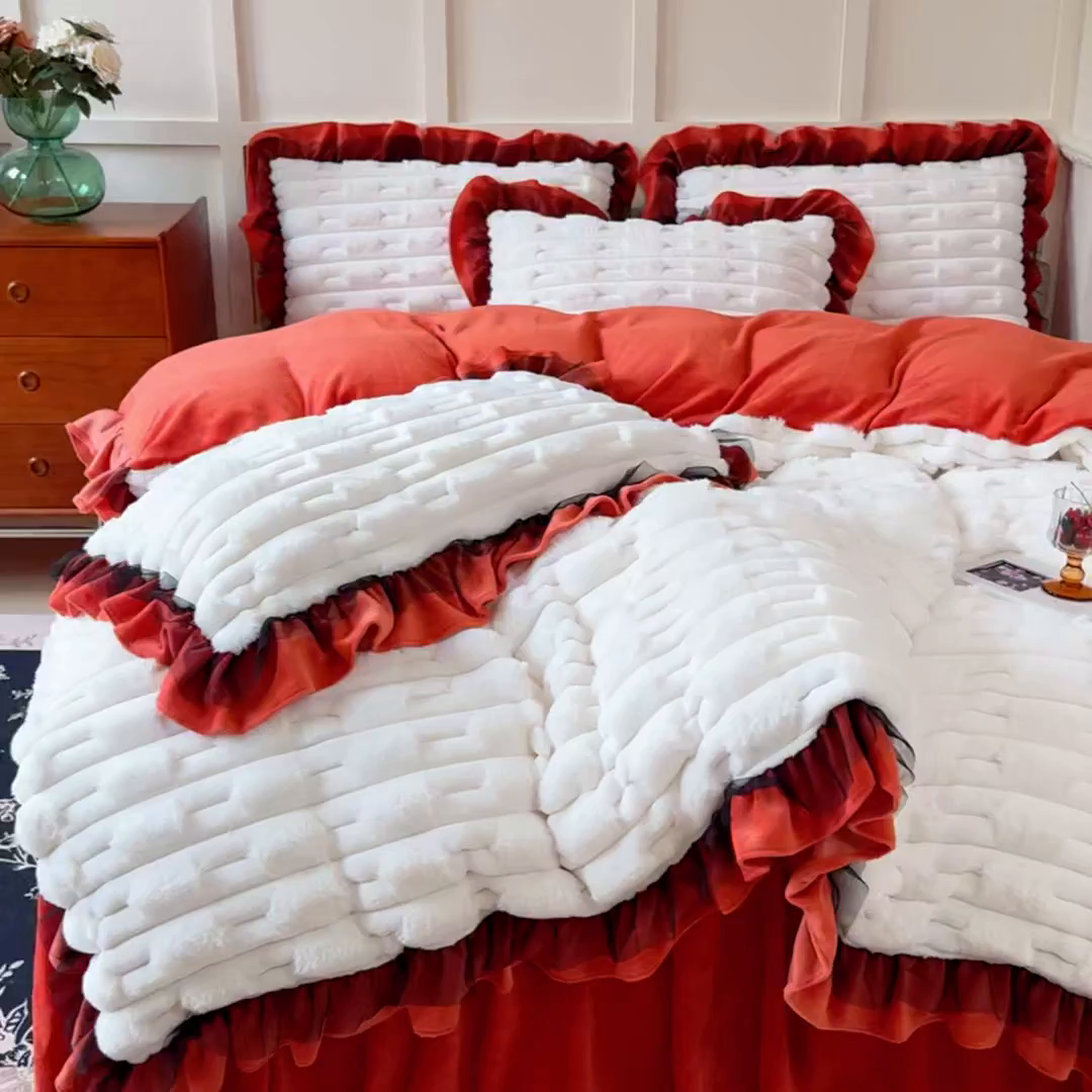 91家纺网 家纺一手货源 找家纺 睡美人 2025韩版兔绒提花牛奶绒床裙床单床笠款四件套 兔绒提花-阳光橙