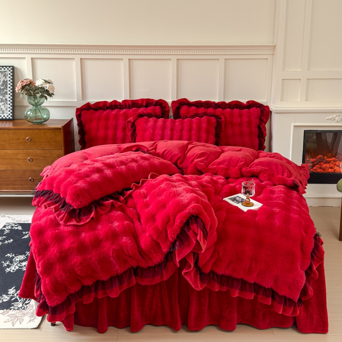 睡美人 2025韩版兔兔绒牛奶绒床裙床单床笠款公主蕾丝四件套 兔兔绒-纯红色