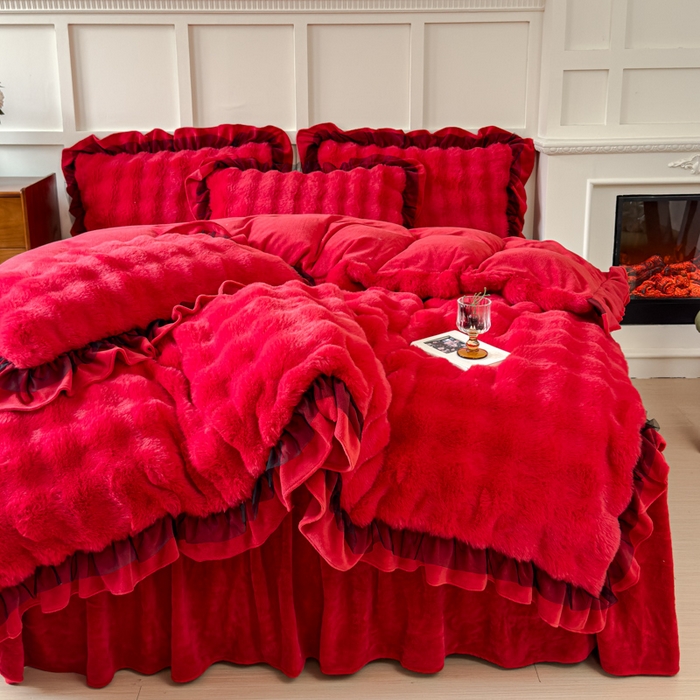 91家纺网 家纺一手货源 找家纺 睡美人 2025韩版兔兔绒牛奶绒床裙床单床笠款公主蕾丝四件套 兔兔绒-纯红色