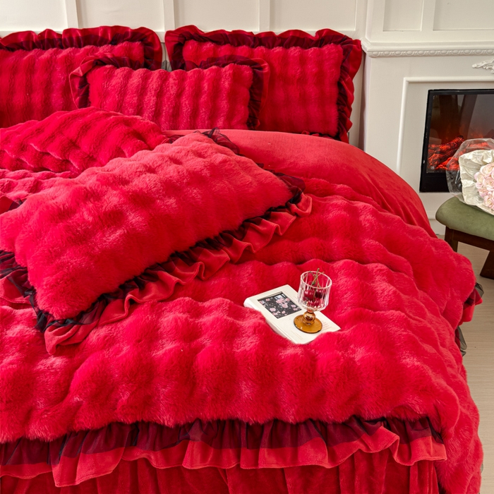 91家纺网 家纺一手货源 找家纺 睡美人 2025韩版兔兔绒牛奶绒床裙床单床笠款公主蕾丝四件套 兔兔绒-纯红色