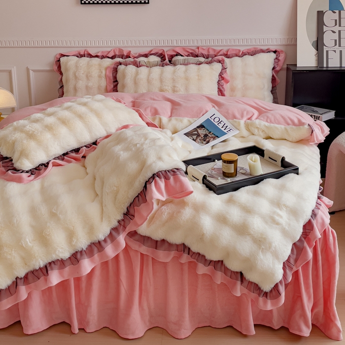 91家纺网 家纺一手货源 找家纺 睡美人 2025韩版兔兔绒牛奶绒床裙床单床笠款公主蕾丝四件套 兔兔绒-公主粉