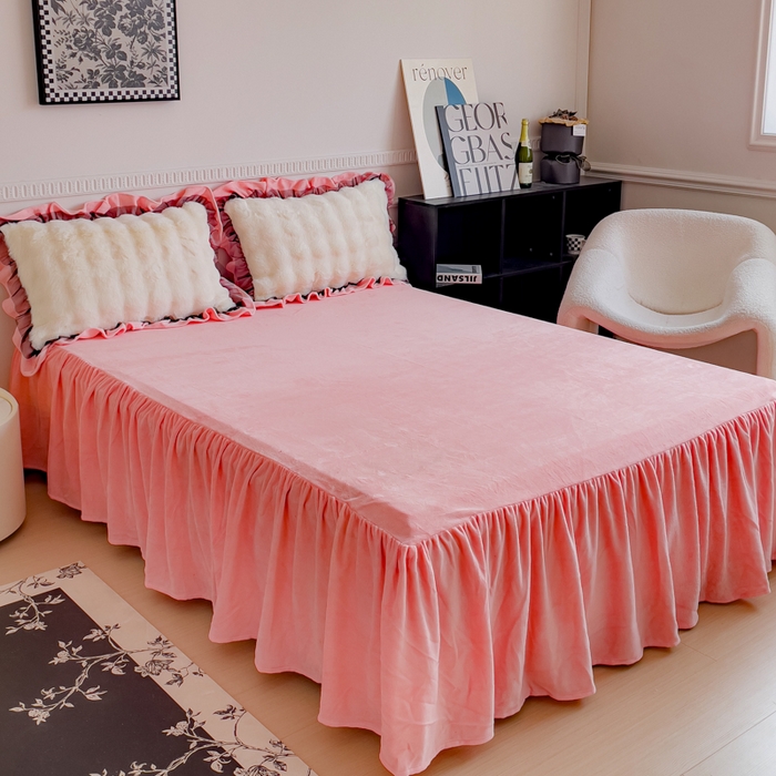 91家纺网 家纺一手货源 找家纺 睡美人 2025韩版兔兔绒牛奶绒床裙床单床笠款公主蕾丝四件套 兔兔绒-公主粉