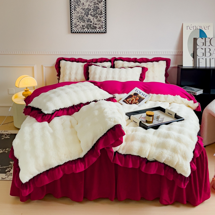睡美人 2025韩版兔兔绒牛奶绒床裙床单床笠款公主蕾丝四件套 兔兔绒-酒红色