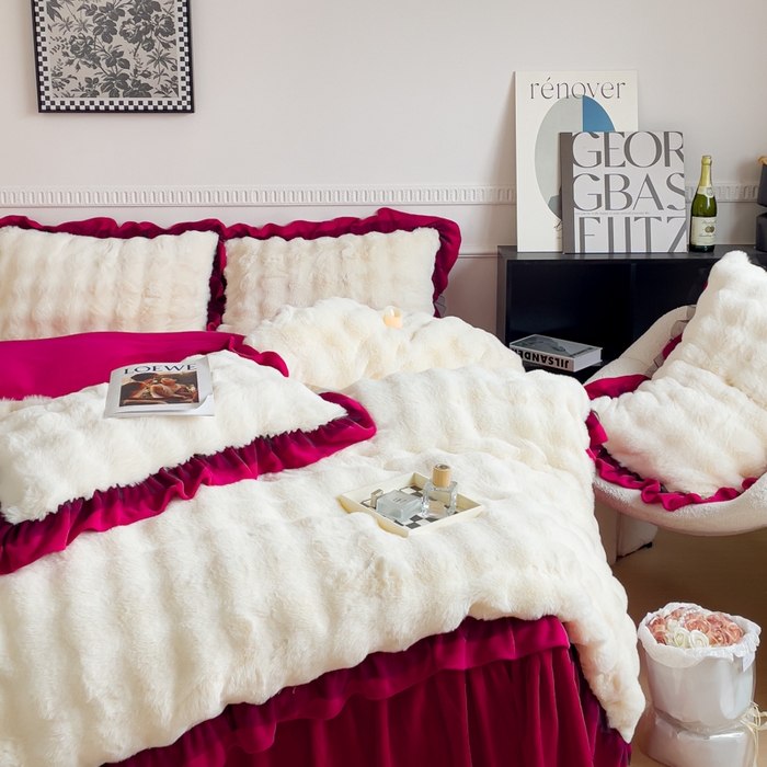 91家纺网 家纺一手货源 找家纺 睡美人 2025韩版兔兔绒牛奶绒床裙床单床笠款公主蕾丝四件套 兔兔绒-酒红色