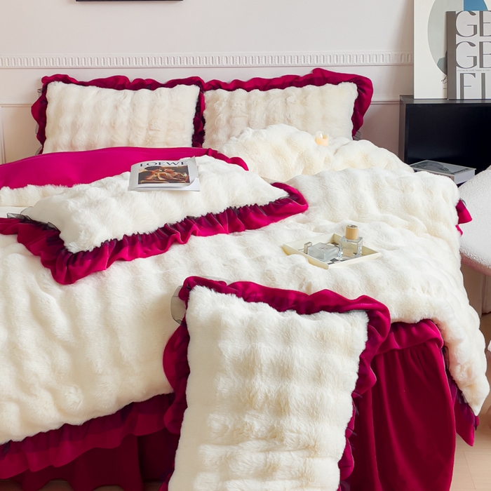 91家纺网 家纺一手货源 找家纺 睡美人 2025韩版兔兔绒牛奶绒床裙床单床笠款公主蕾丝四件套 兔兔绒-酒红色