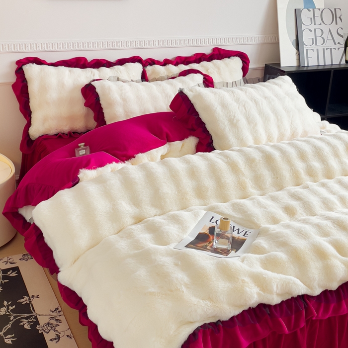 91家纺网 家纺一手货源 找家纺 睡美人 2025韩版兔兔绒牛奶绒床裙床单床笠款公主蕾丝四件套 兔兔绒-酒红色