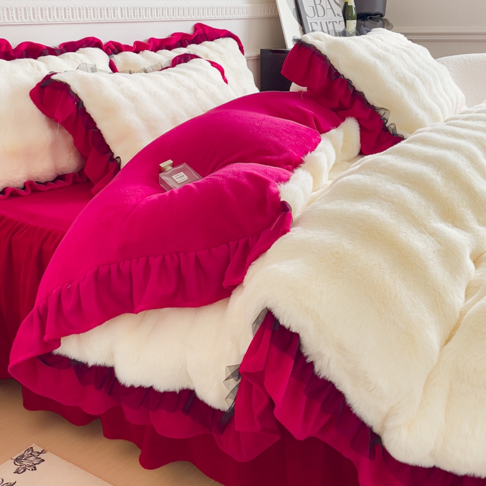 91家纺网 家纺一手货源 找家纺 睡美人 2025韩版兔兔绒牛奶绒床裙床单床笠款公主蕾丝四件套 兔兔绒-酒红色