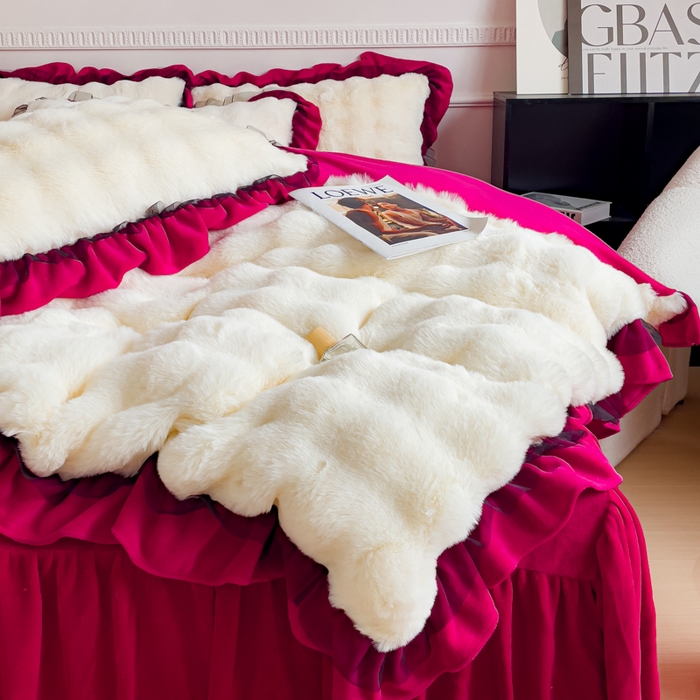 91家纺网 家纺一手货源 找家纺 睡美人 2025韩版兔兔绒牛奶绒床裙床单床笠款公主蕾丝四件套 兔兔绒-酒红色