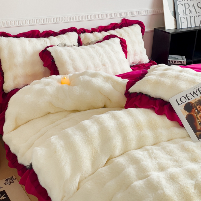 91家纺网 家纺一手货源 找家纺 睡美人 2025韩版兔兔绒牛奶绒床裙床单床笠款公主蕾丝四件套 兔兔绒-酒红色