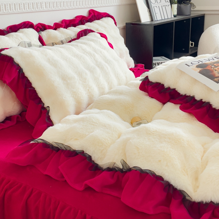 91家纺网 家纺一手货源 找家纺 睡美人 2025韩版兔兔绒牛奶绒床裙床单床笠款公主蕾丝四件套 兔兔绒-酒红色