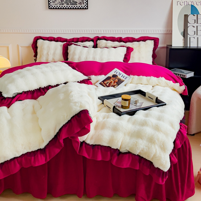 91家纺网 家纺一手货源 找家纺 睡美人 2025韩版兔兔绒牛奶绒床裙床单床笠款公主蕾丝四件套 兔兔绒-酒红色
