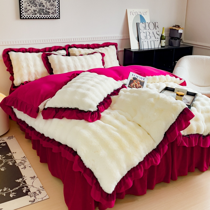 91家纺网 家纺一手货源 找家纺 睡美人 2025韩版兔兔绒牛奶绒床裙床单床笠款公主蕾丝四件套 兔兔绒-酒红色