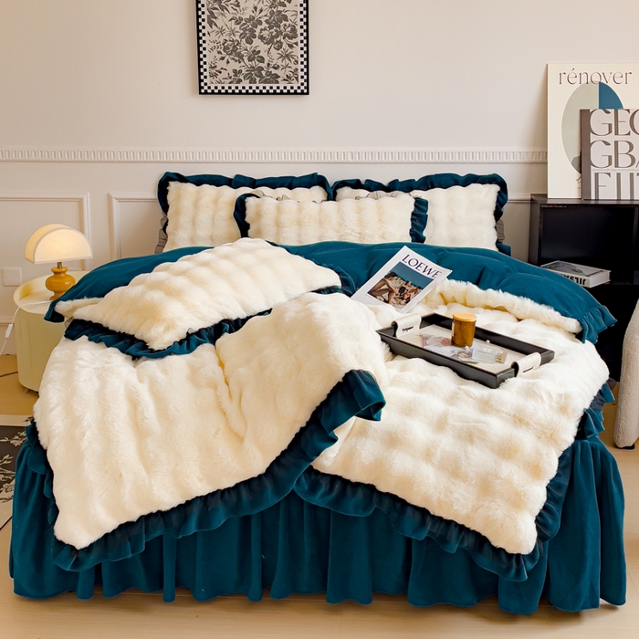 睡美人 2025韩版兔兔绒牛奶绒床裙床单床笠款公主蕾丝四件套 兔兔绒-孔雀绿