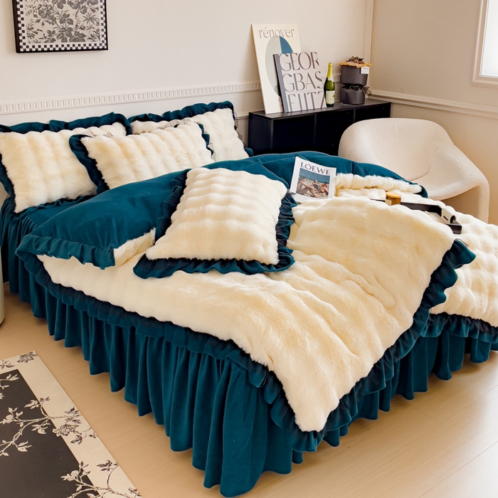 91家纺网 家纺一手货源 找家纺 睡美人 2025韩版兔兔绒牛奶绒床裙床单床笠款公主蕾丝四件套 兔兔绒-孔雀绿