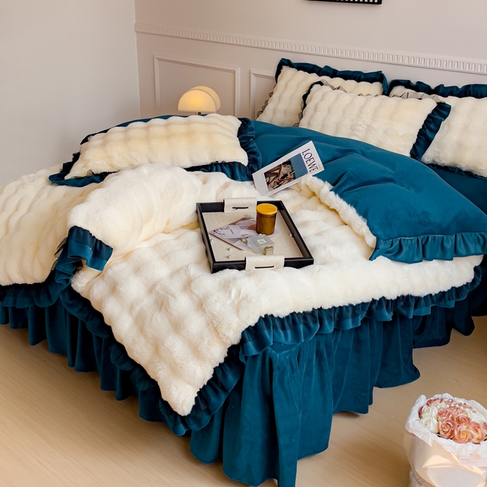 91家纺网 家纺一手货源 找家纺 睡美人 2025韩版兔兔绒牛奶绒床裙床单床笠款公主蕾丝四件套 兔兔绒-孔雀绿