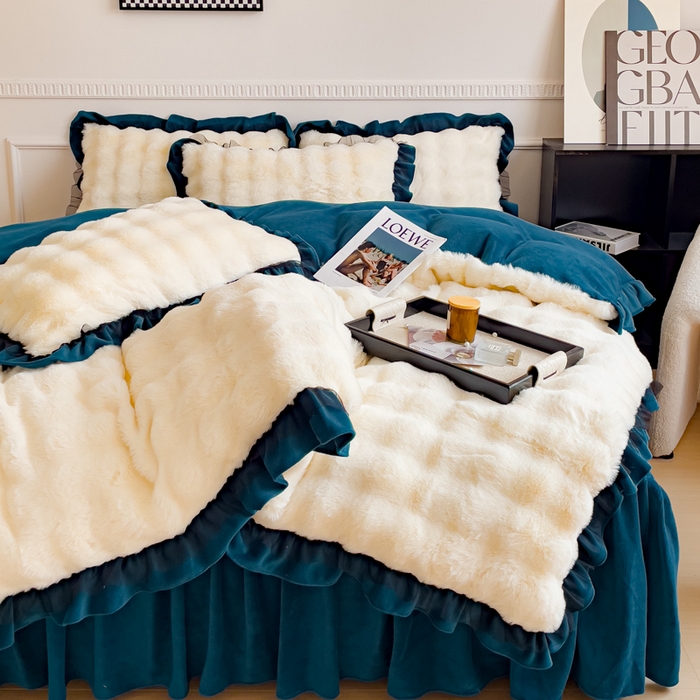 91家纺网 家纺一手货源 找家纺 睡美人 2025韩版兔兔绒牛奶绒床裙床单床笠款公主蕾丝四件套 兔兔绒-孔雀绿