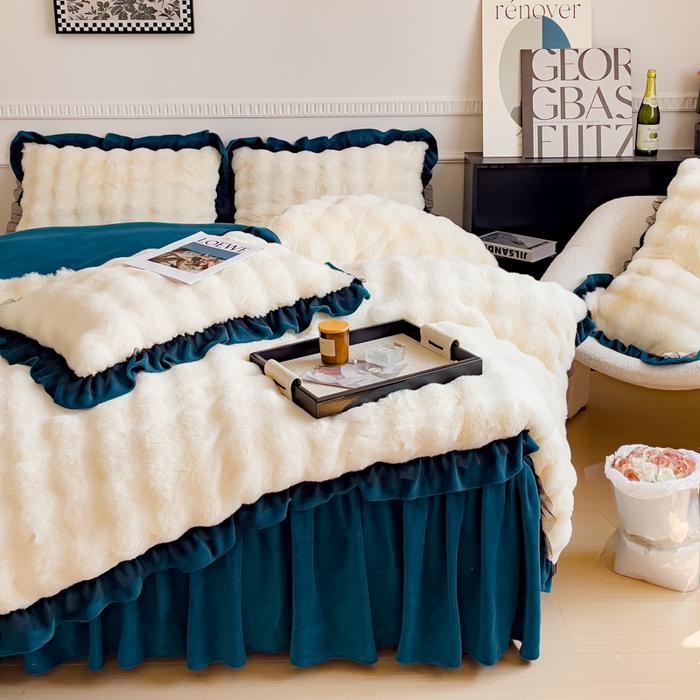 91家纺网 家纺一手货源 找家纺 睡美人 2025韩版兔兔绒牛奶绒床裙床单床笠款公主蕾丝四件套 兔兔绒-孔雀绿