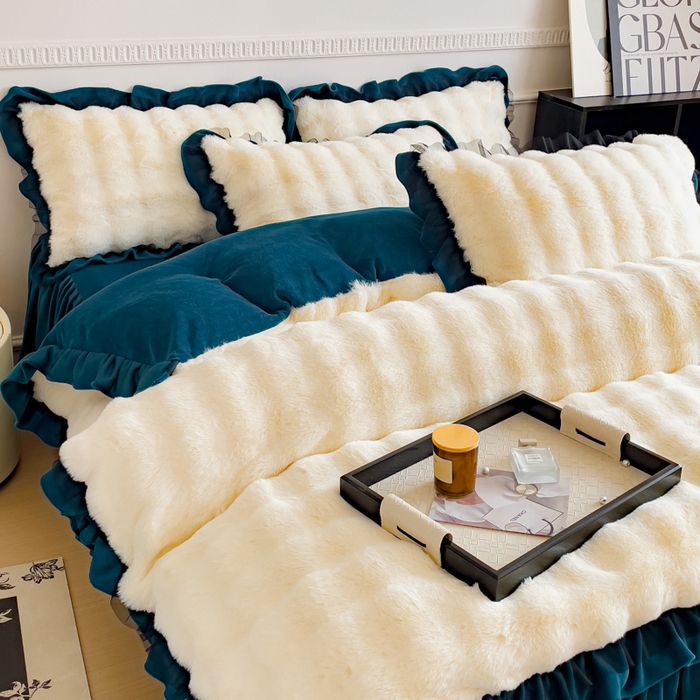 91家纺网 家纺一手货源 找家纺 睡美人 2025韩版兔兔绒牛奶绒床裙床单床笠款公主蕾丝四件套 兔兔绒-孔雀绿