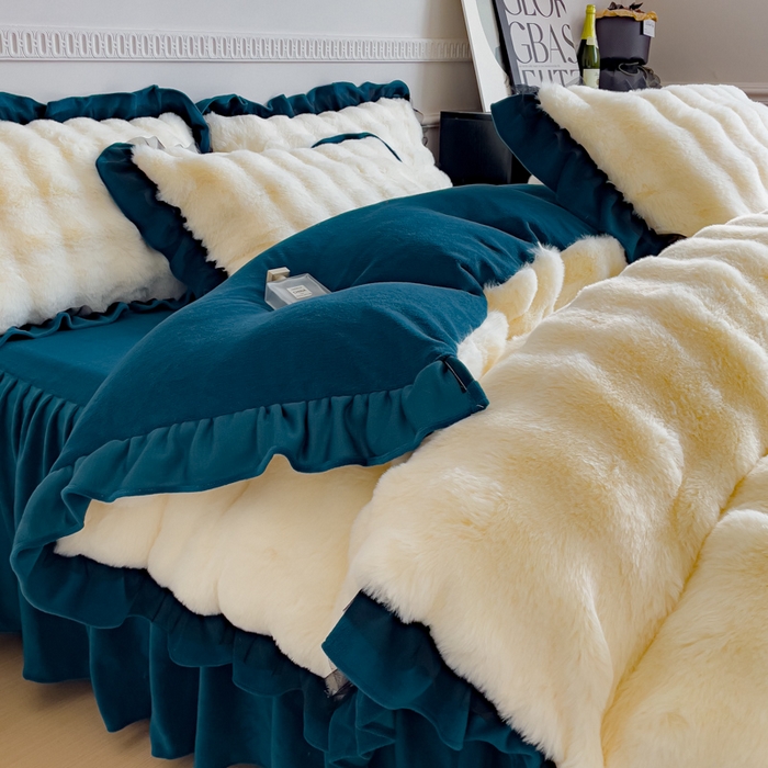 91家纺网 家纺一手货源 找家纺 睡美人 2025韩版兔兔绒牛奶绒床裙床单床笠款公主蕾丝四件套 兔兔绒-孔雀绿