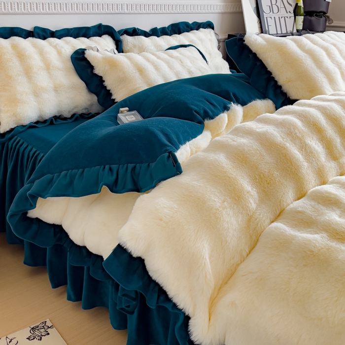 91家纺网 家纺一手货源 找家纺 睡美人 2025韩版兔兔绒牛奶绒床裙床单床笠款公主蕾丝四件套 兔兔绒-孔雀绿