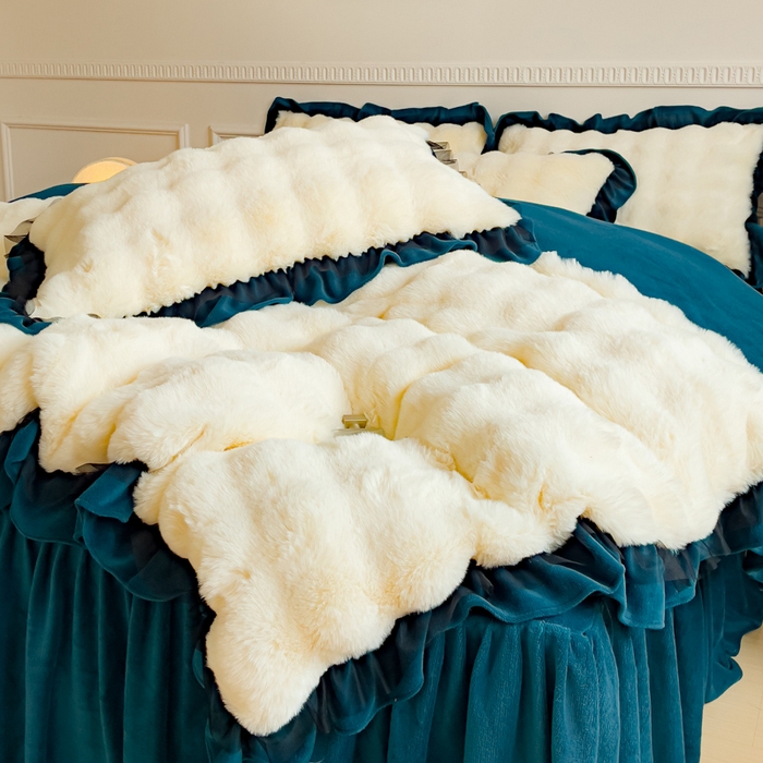 91家纺网 家纺一手货源 找家纺 睡美人 2025韩版兔兔绒牛奶绒床裙床单床笠款公主蕾丝四件套 兔兔绒-孔雀绿