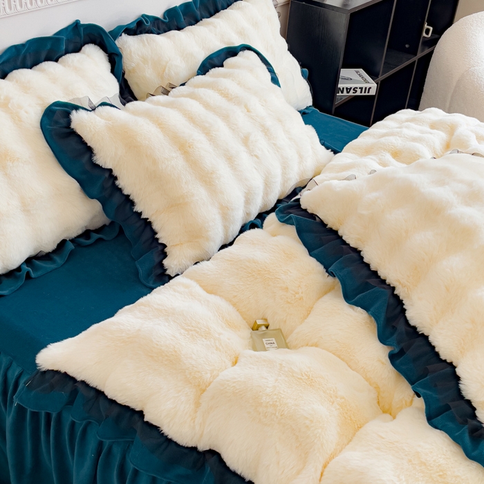 91家纺网 家纺一手货源 找家纺 睡美人 2025韩版兔兔绒牛奶绒床裙床单床笠款公主蕾丝四件套 兔兔绒-孔雀绿