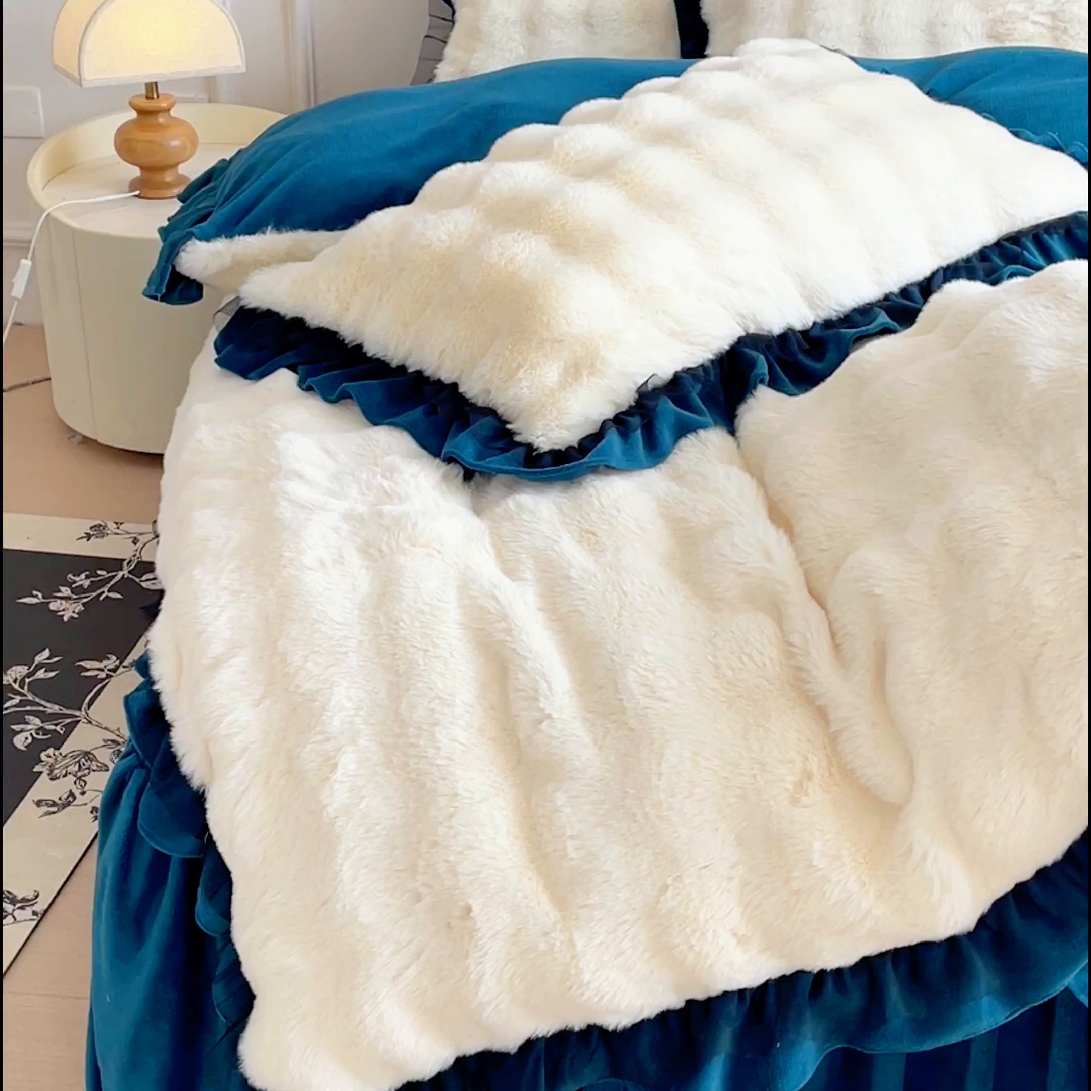 91家纺网 家纺一手货源 找家纺 睡美人 2025韩版兔兔绒牛奶绒床裙床单床笠款公主蕾丝四件套 兔兔绒-孔雀绿