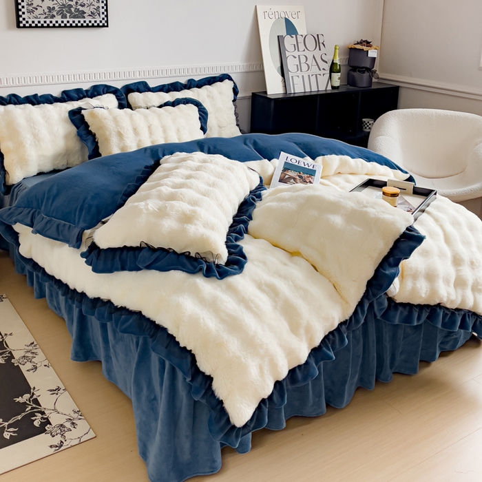 91家纺网 家纺一手货源 找家纺 睡美人 2025韩版兔兔绒牛奶绒床裙床单床笠款公主蕾丝四件套 兔兔绒-气质灰