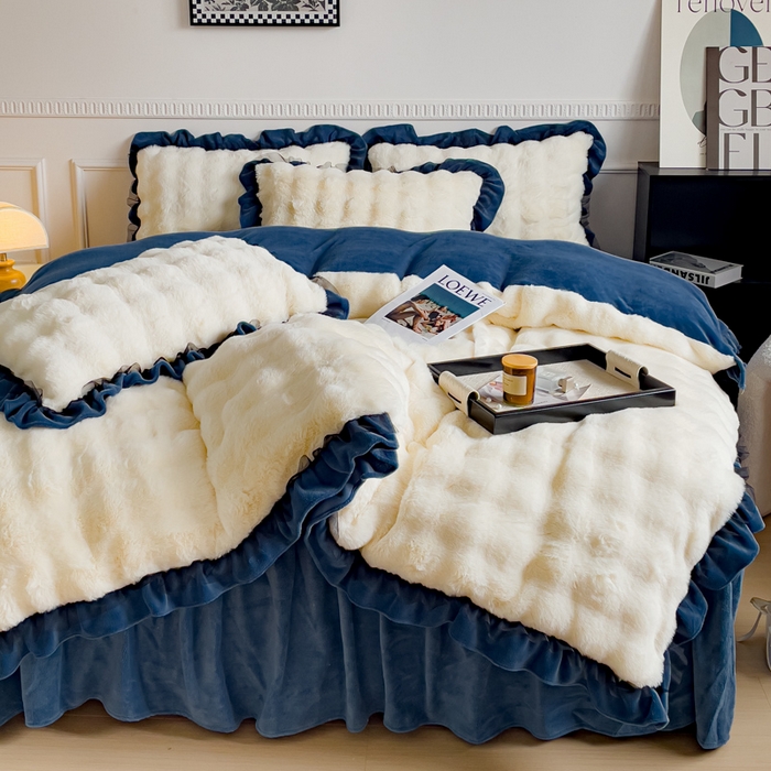 91家纺网 家纺一手货源 找家纺 睡美人 2025韩版兔兔绒牛奶绒床裙床单床笠款公主蕾丝四件套 兔兔绒-气质灰