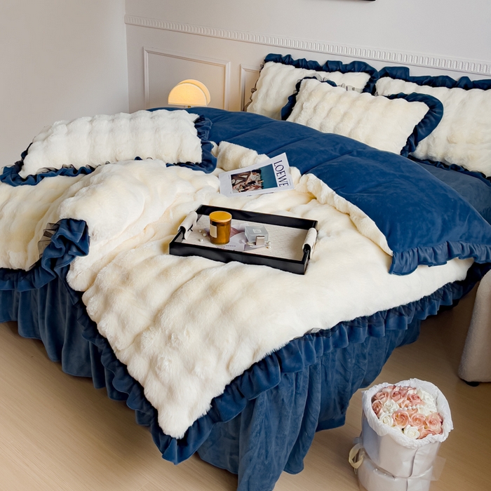 91家纺网 家纺一手货源 找家纺 睡美人 2025韩版兔兔绒牛奶绒床裙床单床笠款公主蕾丝四件套 兔兔绒-气质灰